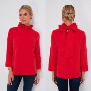 Tuckernuck Red Poppy Faye Blouse Tye Back Bow High Ruffle Neck Sz. L